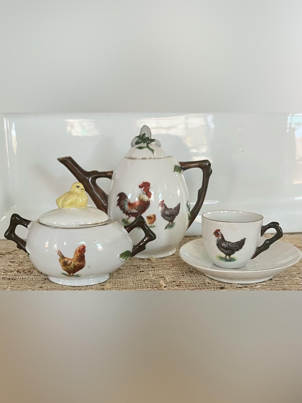 Vintage Rooster Chick Porcelain Creamer/Sugar/Saucer Set